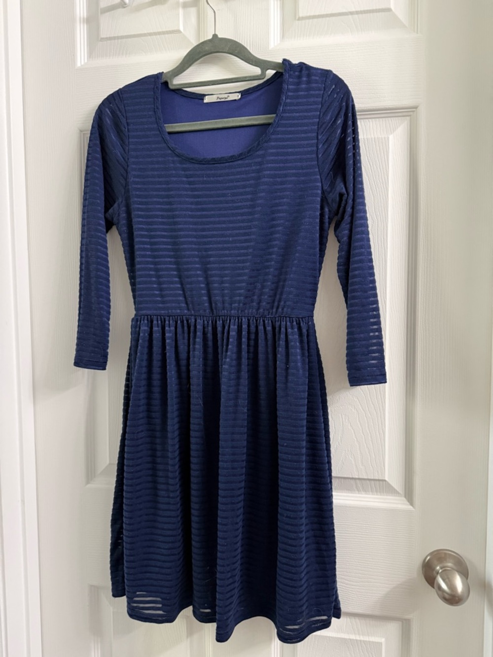 Papaya Navy Blue Striped Scoop Neck Fit & Flare Dress 3/4 Sleeve Size M